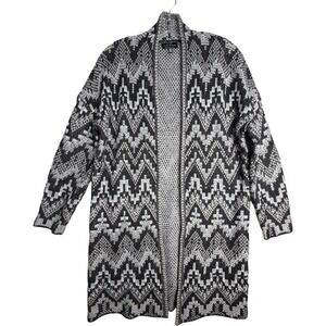 Lucky Brand Aztec Long Cardigan XS Black Gray Wool Blend Open Front Boho Sweater